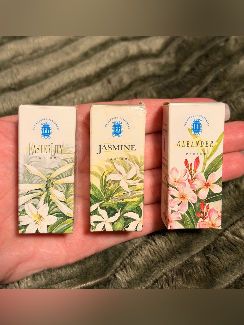 Vtg LiLi Bermuda Perfume 1 Dram Set of 3- Jasmine, Oleander, Easter Lily NIB